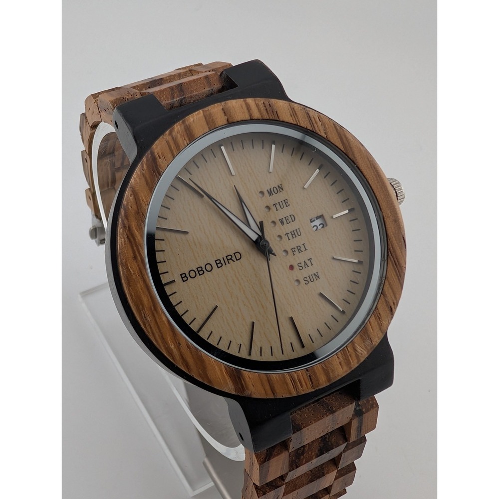 Bobo Bird Mens Watch 46mm Wood Dial Day/Date 5.75" Band- New Battery